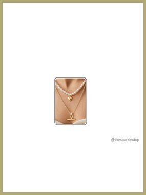 Layered T-Bar Pearl Necklace Set with Heart Pendant, 16K Gold Plated, Non
